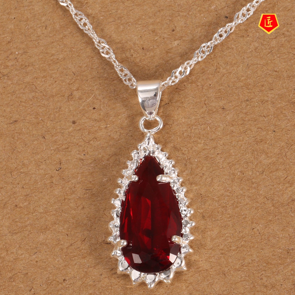 [Ready Stock]Inlaid Ruby Water Drop Pear-Shaped Pendant European and American S925 Silver Necklace