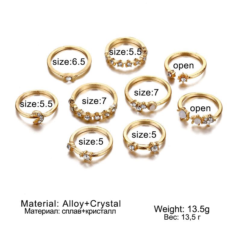 9 Pcs / Set Cincin Desain Bintang Dan Bulan Bahan Alloy Gaya Retro