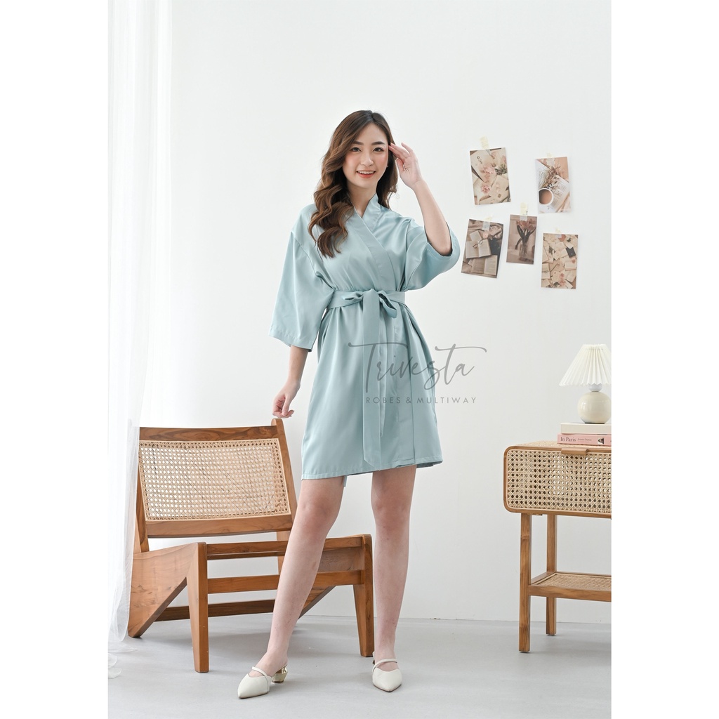 Trivesta Robes - Basic Robe Dusty Green - Kimono Robe Bridesmaid Satin + Free Bordir (Tulisan Bebas Bisa Nama)