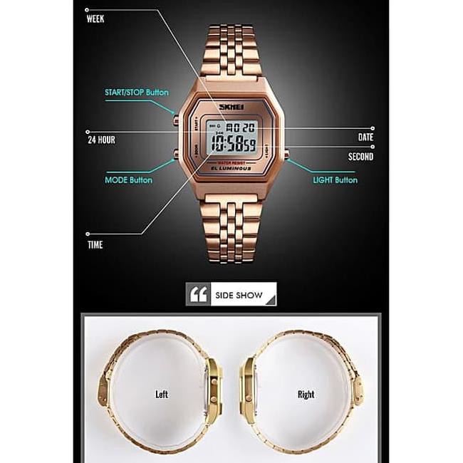 Jam Tangan Wanita Cewek Casio Original Anti Air Murah Kulit Skmei - Hitam Emas Kode 71