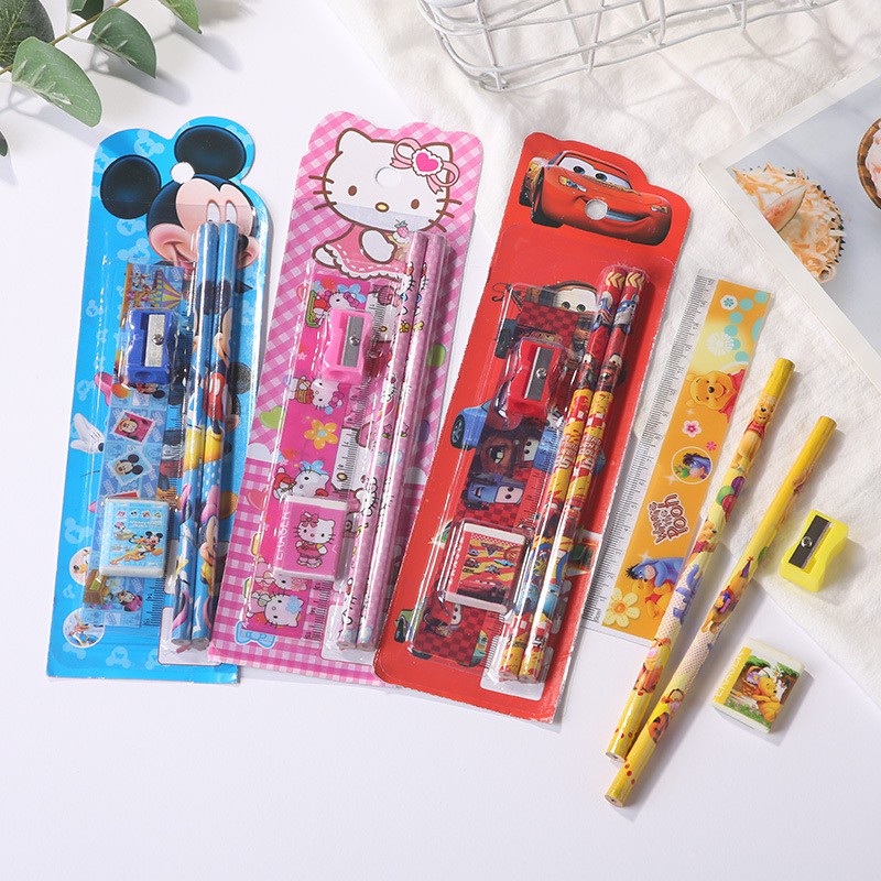 Pensil Set Karakter 5 IN 1 Anak cowok cewek hadia kado serutan penghapus pensil penggaris Lucu