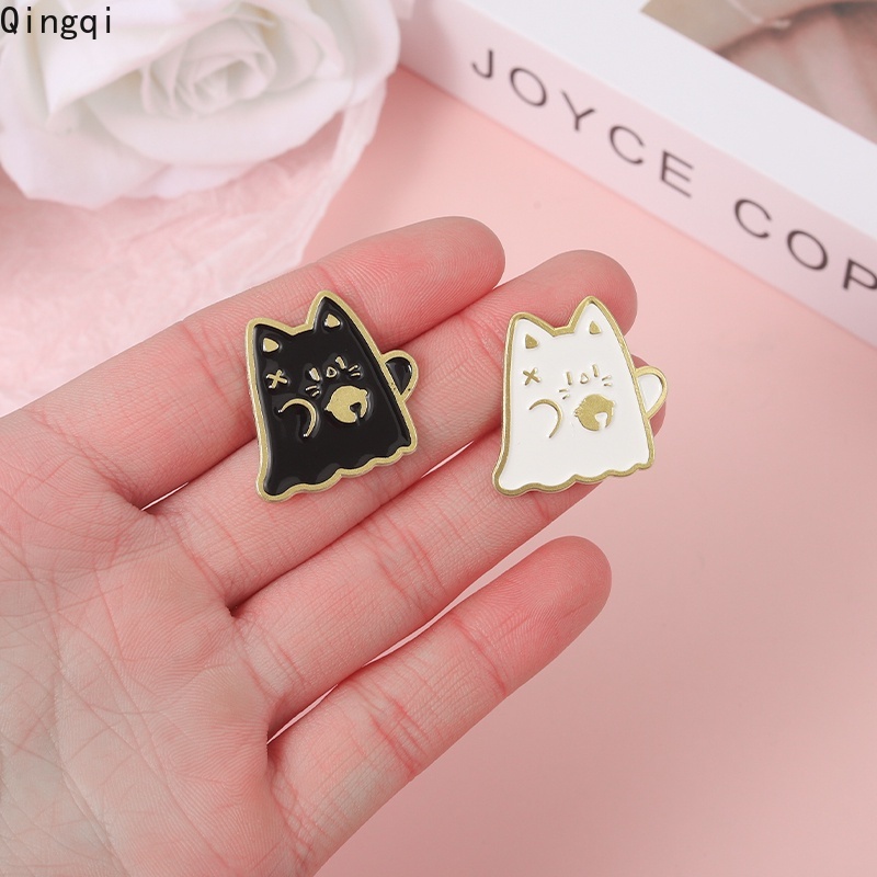 Bros Pin Enamel Bentuk Kartun Kucing Hitam Putih Untuk Hadiah Anak