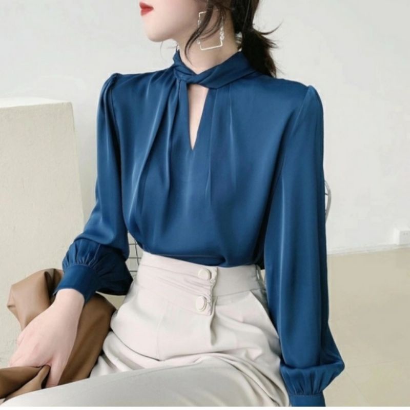2162 Baju blus blouse blose blos kemeja turtle neck turtel nek kerah bolong lengan panjang biru mera
