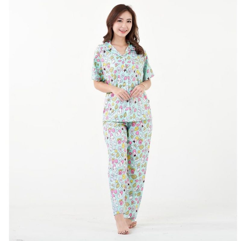 Baju Tidur Piyama Wanita Dewasa Piyama Baju Santai Motif Bunga-Seal Green