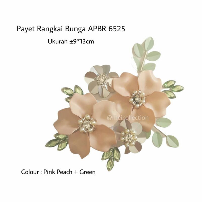 payet rangkai bunga 3d APBR 6525 pink peach green aplikasi dada pinggang