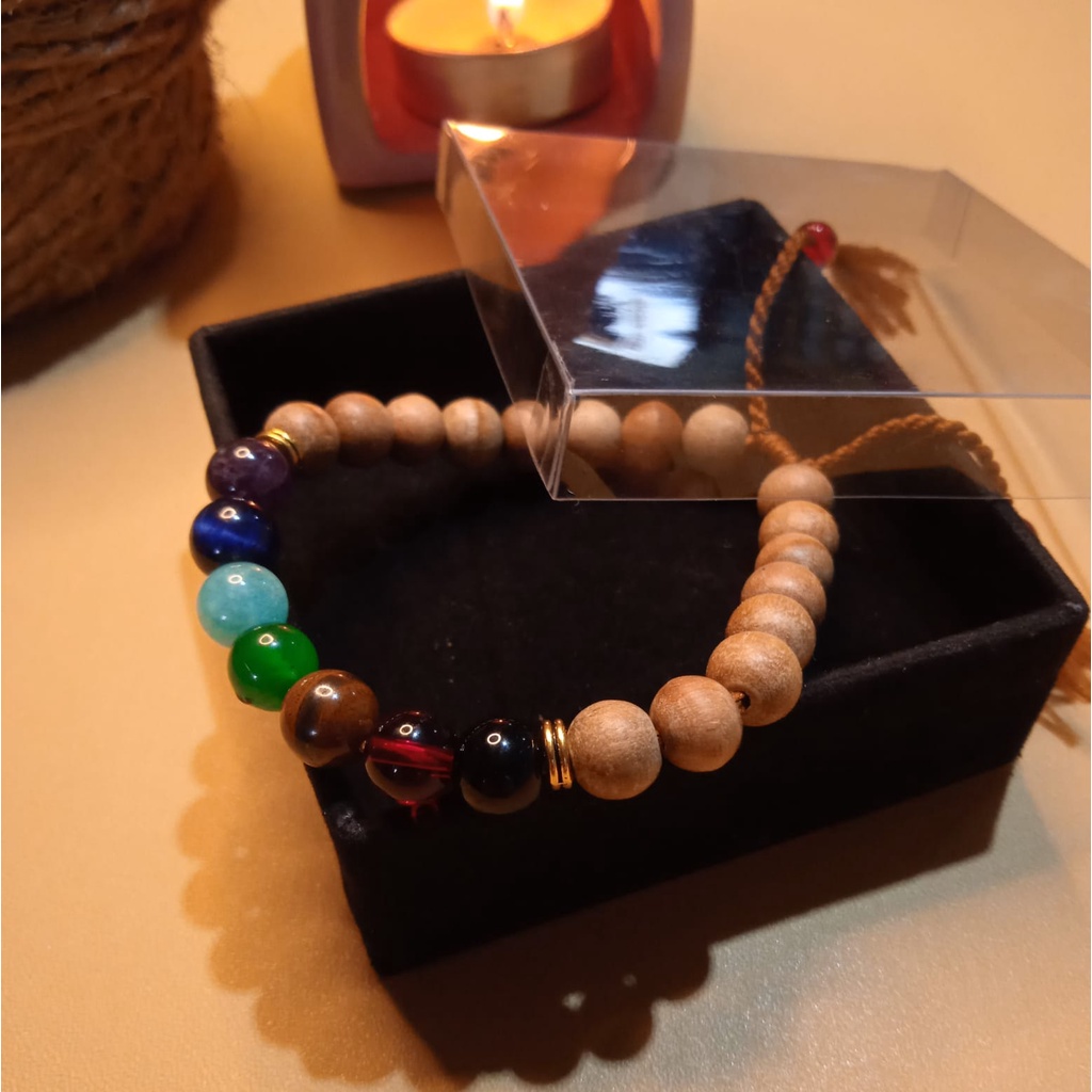 Gelang Batu Original Handmade Kayu Cendana Kombinasi Batu Alam 7 Chakra Kekinian