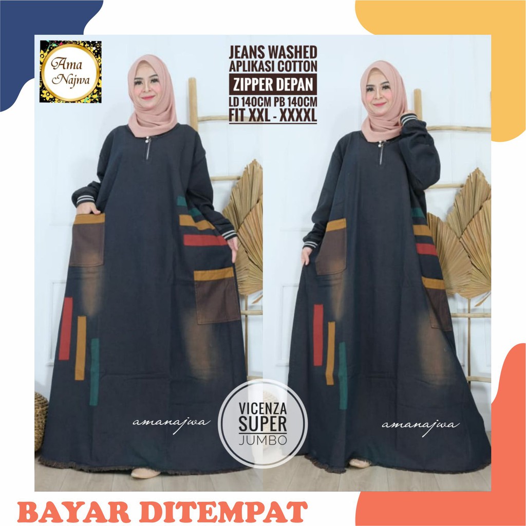 [ Bisa COD ] Dress Jumbo Ld 140 Gamis Muslim Big Size XXXXL Dress Jeans Jumbo Gamis Super Jumbo