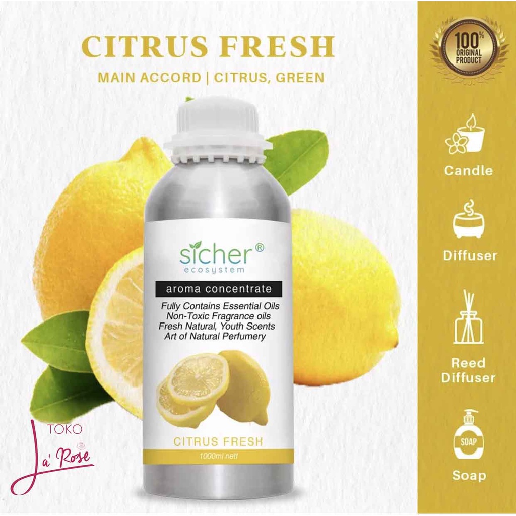 Sicher Essential Oil Lemon Citrus Fresh Aromatherapy Nartural Aroma Terapi Alami 1000ml Refill