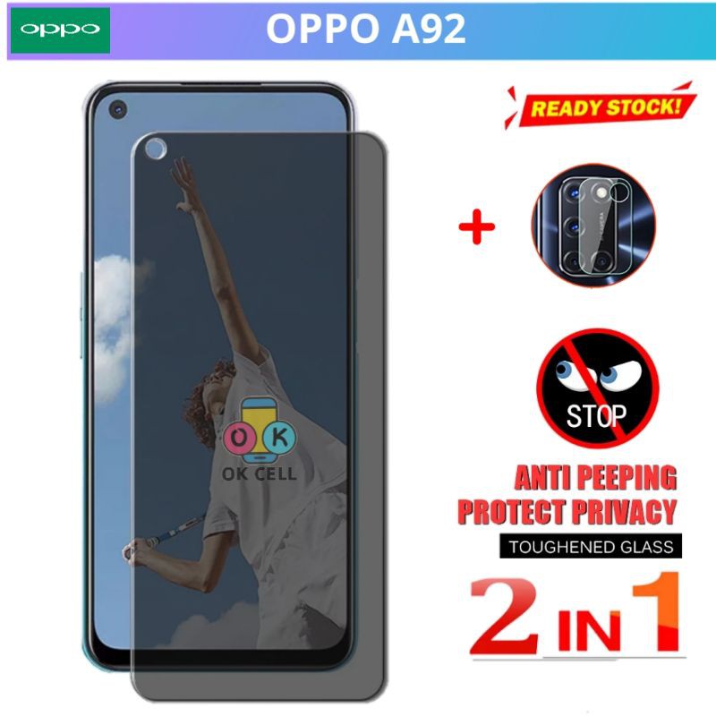 2in1 - Tempered Glass Anti Spy TG Anti Gores Layar Kamera Oppo A92 Screen Protector Privacy Premium