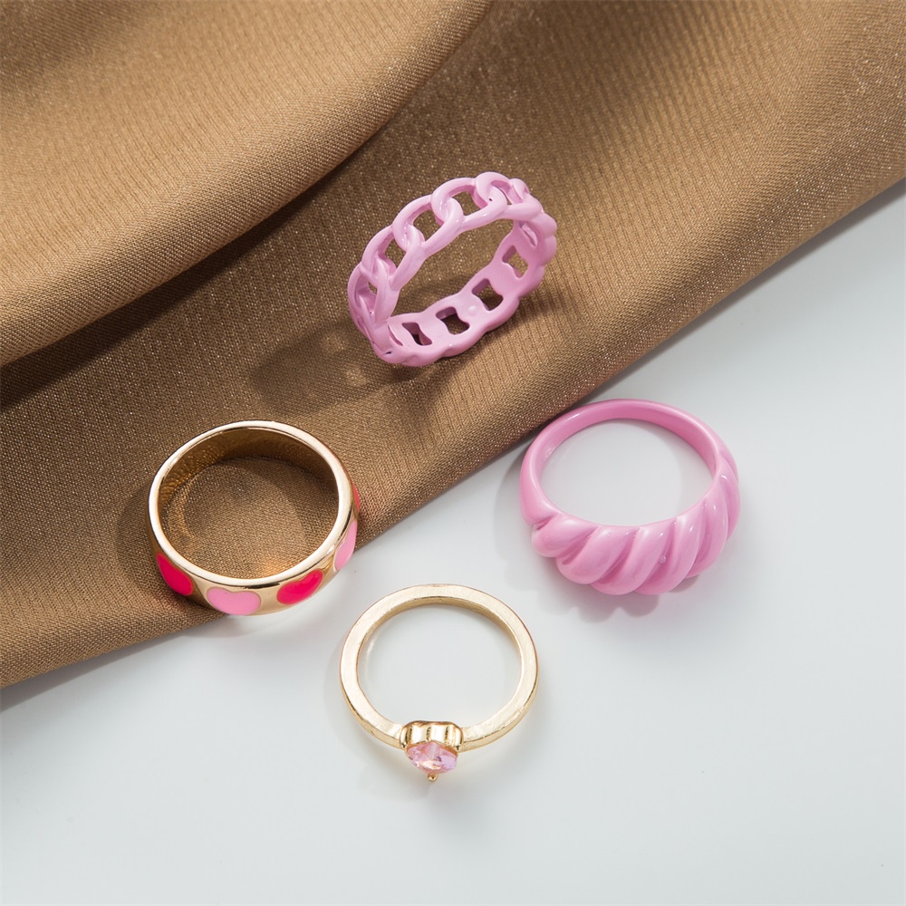 Y2K 4pcsset Cincin Resin Desain Hati Hollow Hias Berlian Pink Gaya Trendy Untuk Wanita