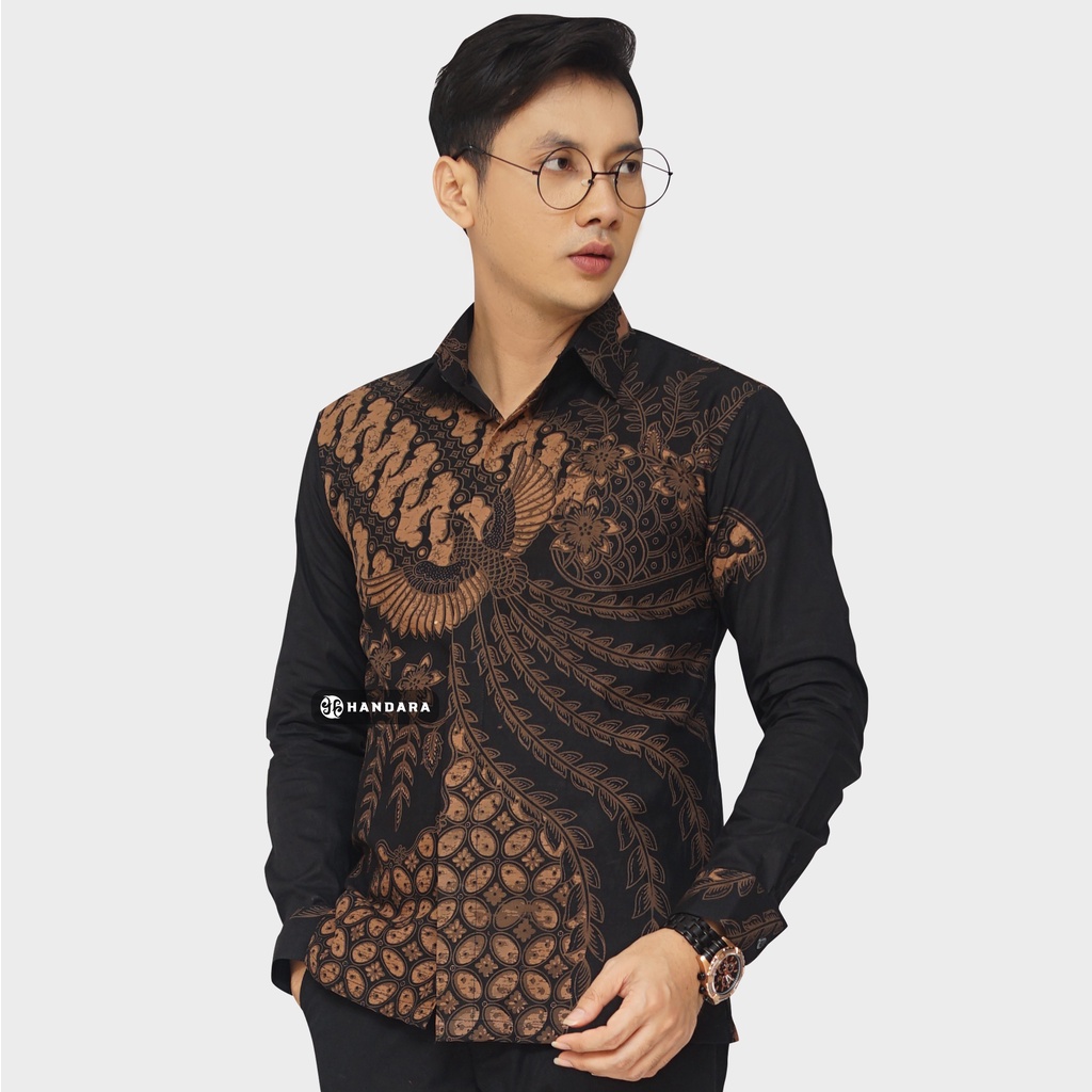 Baju Kemeja Batik Pria Lengan Panjang Slim Fit Premium Modern Full Furing Katun Halus Original Handara Motif Mekar Sari Hitam HB-263