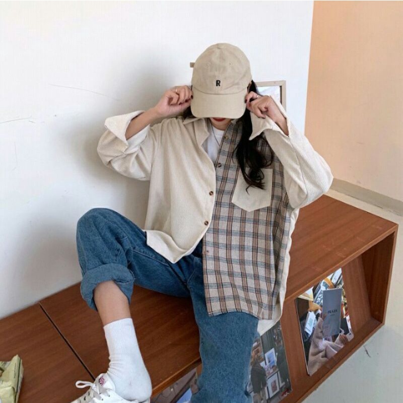 kemeja kotak-kotak wanita korea jaket lengan panjang retro