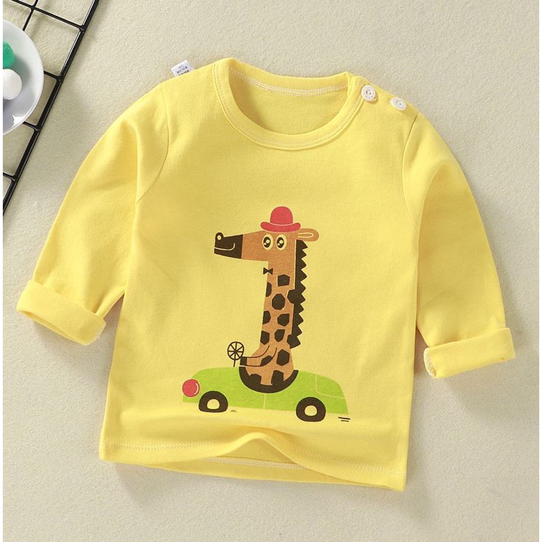 Baju Tshirt Atasan Kaos lengan panjang Kancing Pundak Anak bayi laki-laki Perempuan-Yellow GIraffe