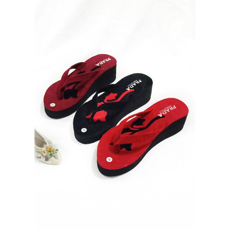 LUXURY - SANDAL WEDGES WANITA JEPIT - SANDAL JAPIT WANITA - SANDAL WEDGES SPON (PRADA MAWAR)