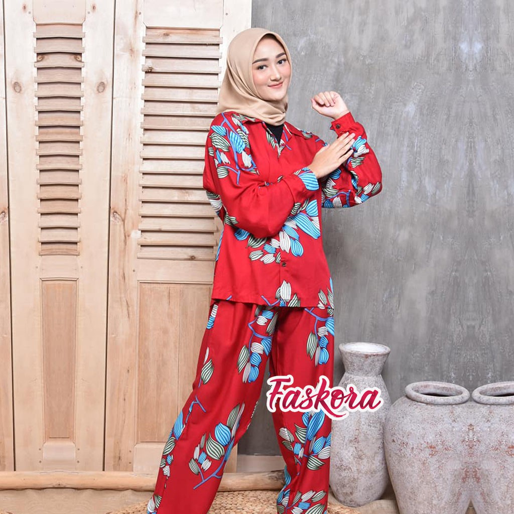 Pajamas Lengan Panjang - One Set Wanita Panjang - Setelan Jumbo Rayon Wanita Kekinian Daun Tulip