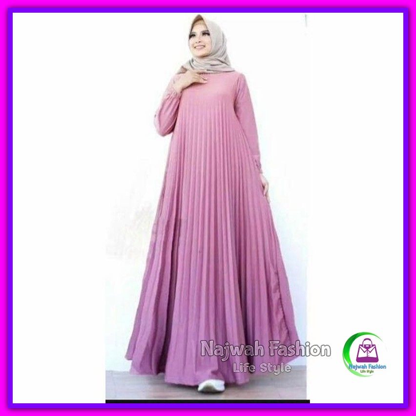 Jual Baju Long Dress Wanita Higet Super Plisket Premium Maxi Dress Gamis Syari Amanda Pink Murah