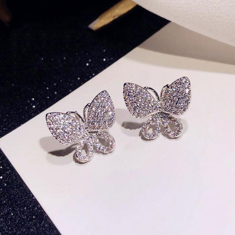 Anting Stud Desain Kupu-Kupu Aksen Kristal Untuk Wanita