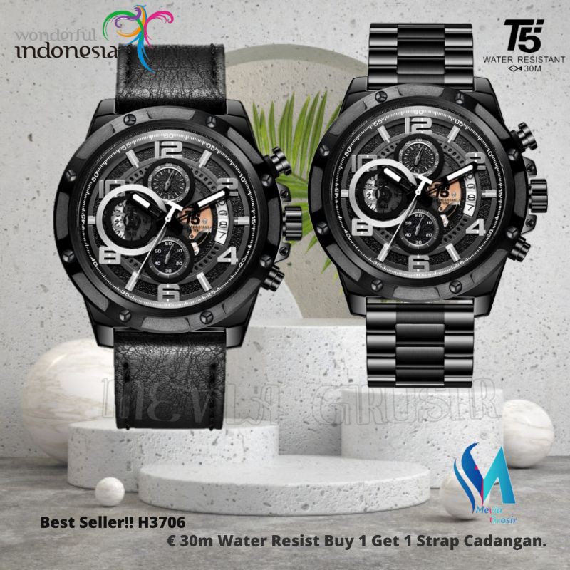 JAM TANGAN PRIA T5 H 3706 H3706G 3706 T5 ORIGINAL 100% CHRONOGRAPH TAHAN AIR BERGARANSI FREE TIN BOX