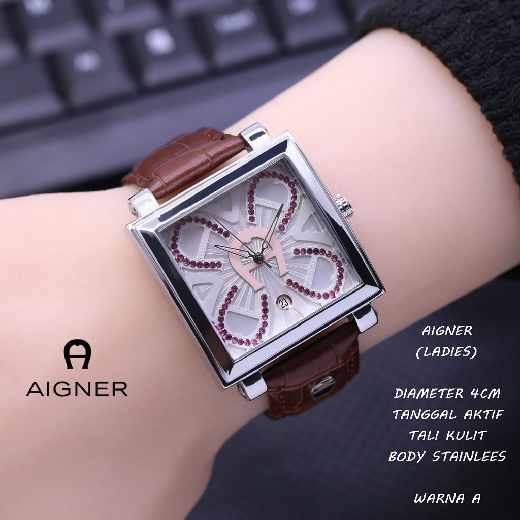 JAM TANGAN WANITA AIGNER TALI KULIT BODY STAINLEES SEGI TANGGAL AKTIF