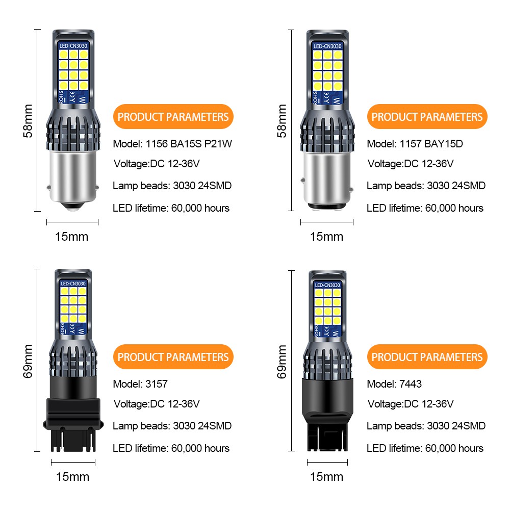 1pcs Lampu Led 24smd Ba15S 1156 T20 7443 Bay15D 1157 3157 P27 / 7w 12v-36v Untuk Sinyal Mundur Mobil