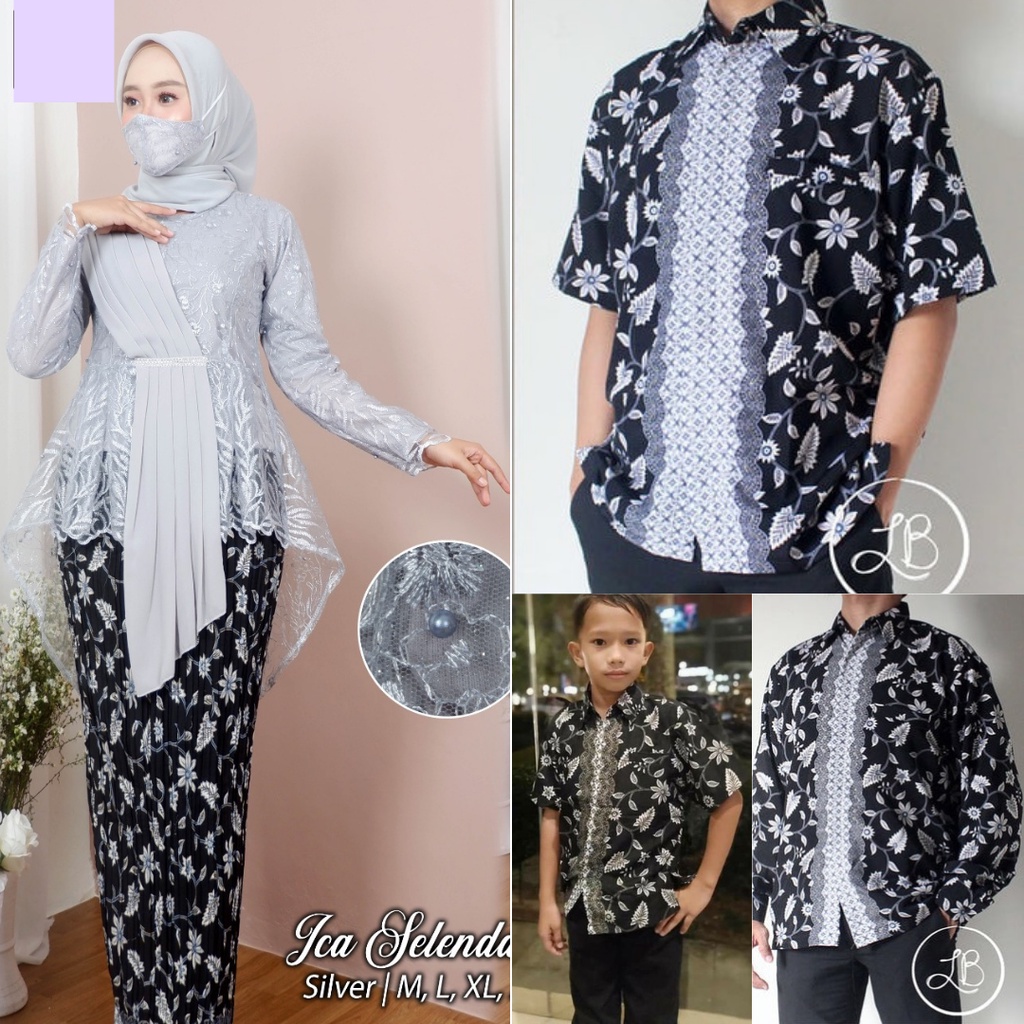 Setelan Kebaya Couple Keluarga SIlver / Kebaya Selendang / Kemeja Batik Pria / Kemeja Anak