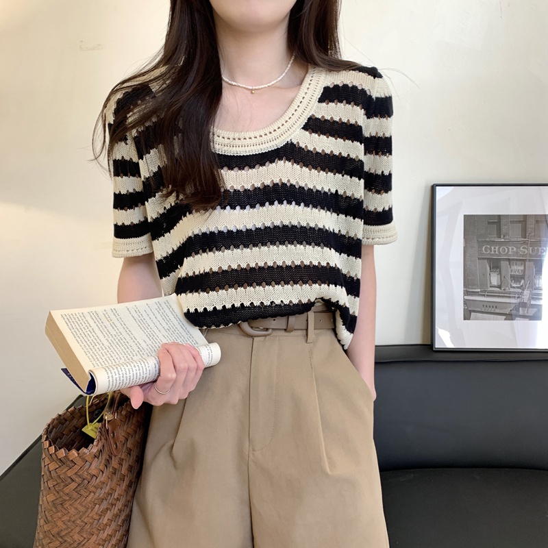 es sutra bergaris rajutan bahu depan lengan pendek t-shirt wanita musim panas desain tipis ceruk lon
