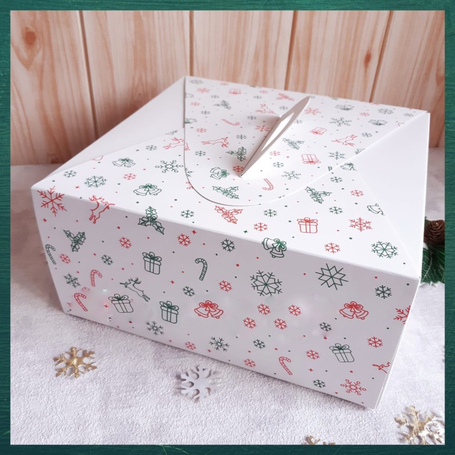 

Kotak Kue Natal Jinjing Putih 25x25 Cristmas Cake Box Kardus Kemasan Makanan Dus Hampers Gift Packaging