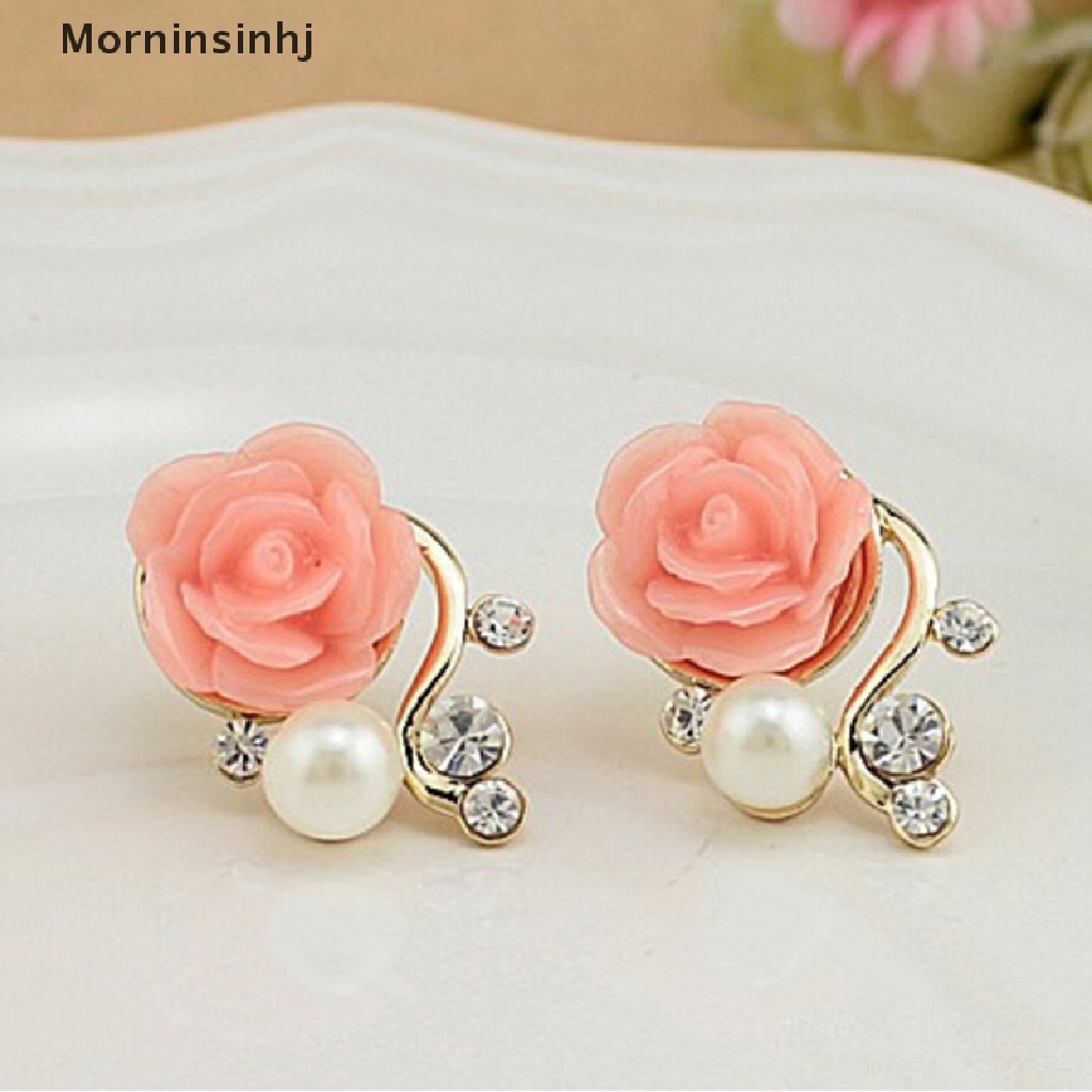 Mornin Wanita Manis Fashion Earings Rose Shaped Mutiara Buatan Berlian Stud Earrings id