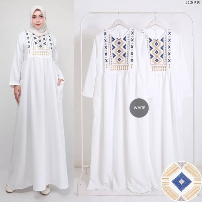 Gamis Muslim Wanita Putih Gading Aplikasi Bordir/ Dress Fashion Muslim - Putih, XS