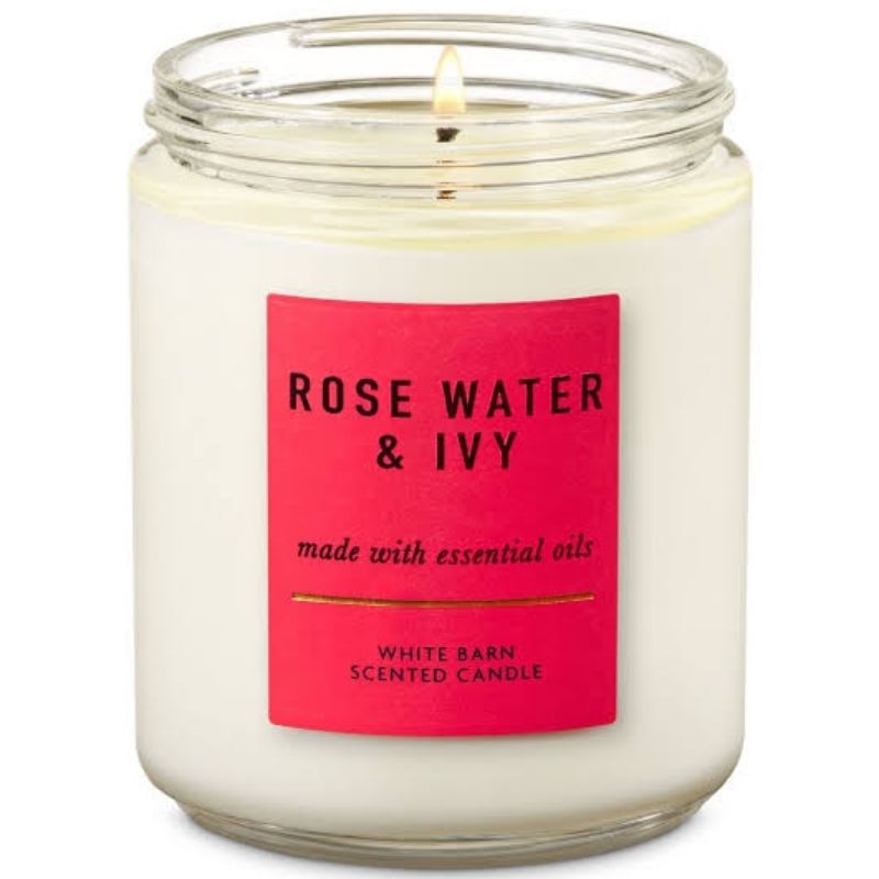 BATH &amp; BODY WORKS BBW ROSE WATER &amp; IVY MADE WITH ESSENTIAL OILS WHITE BARN 1 SINGLE WICK SCENTED CANDLE 198 G PENGHARUM RUANGAN HAPPY VALENTINE'S DAY