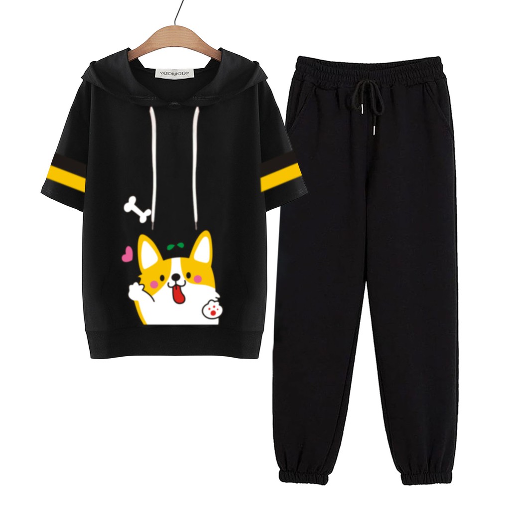 BESS - Baju Setelan Wanita Murah / Setelan Hoodie Crop Lengan Pendek + Jogger Hitam - HAMSTER