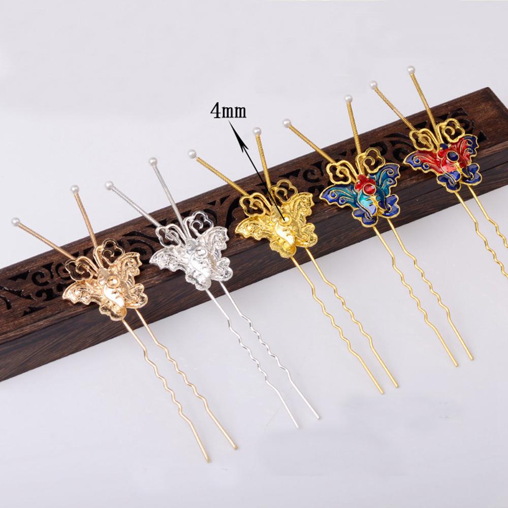 Needway Butterfly Hair Stick DIY Vintage Cloisonne Cina Untuk Wanita Cosplay Pin Rambut Tetes Minyak