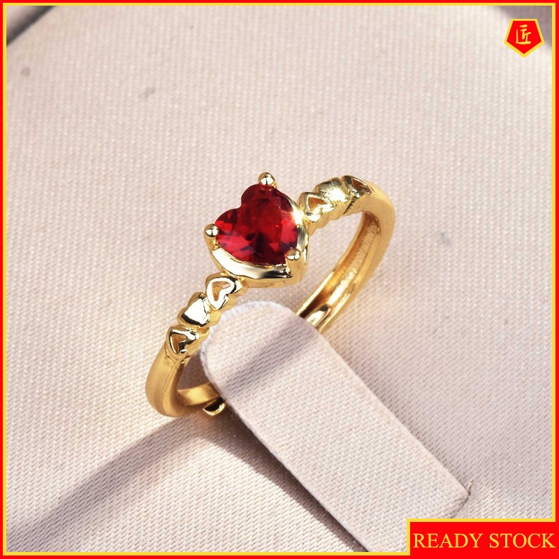 [Ready Stock]Love Heart-Shaped Red Diamond Ring 18K Gold Ins Style Simple