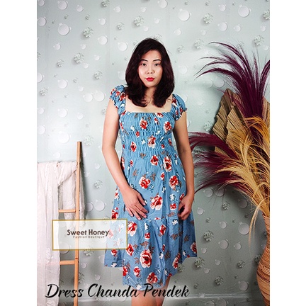 Sweet Honey ~ Dress Chanda Canda Kerut Jumbo Rayon Bali LD 120cm Dress Midi Motif Bunga Mawar Vanessa Fuji Worm