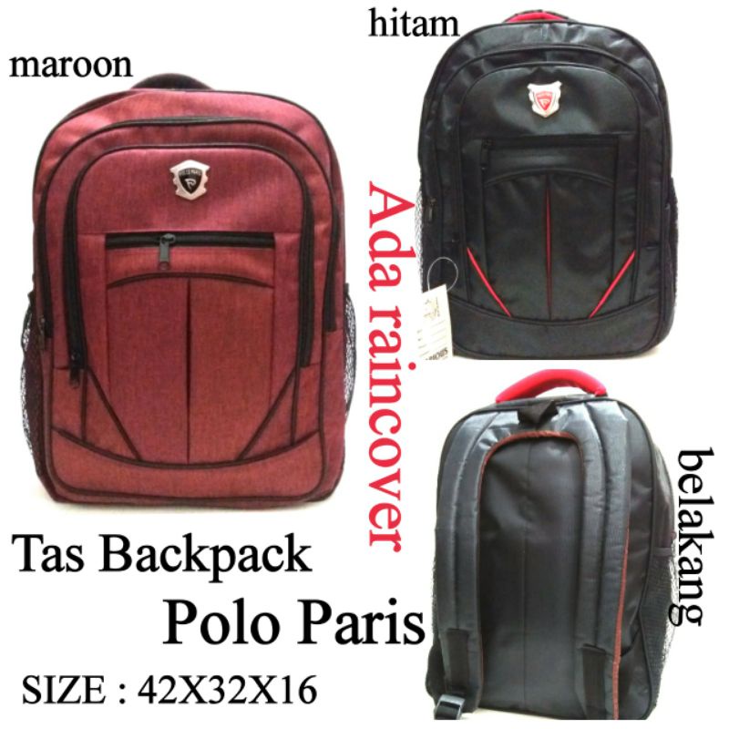 TAS RANSEL POLO PARIS MURAH ADA RAINCOVER WARNA MAROON DAN HITAM