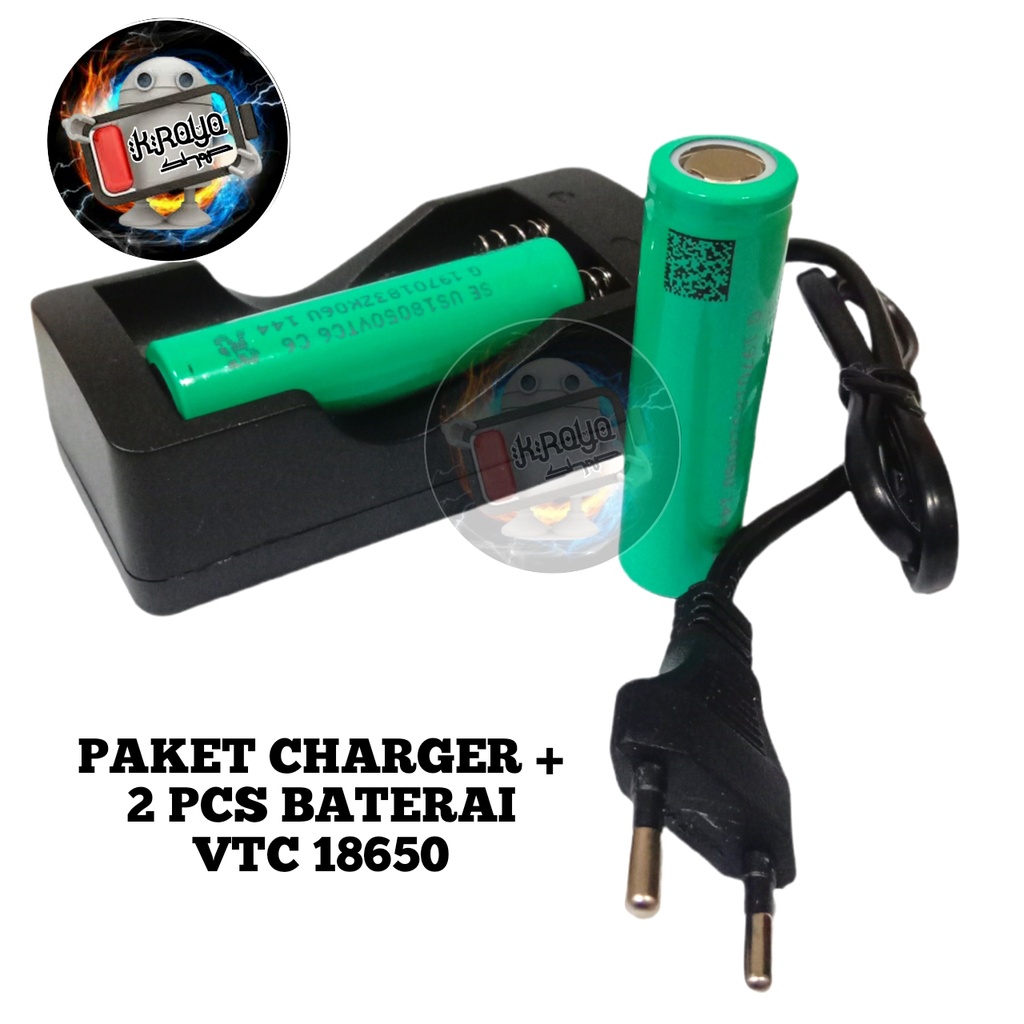 Paket Adaptor Charger + 2 PCS Baterai Li-ion VTC 18650 3000mAh 3.7V Warna Hijau FLATTOP