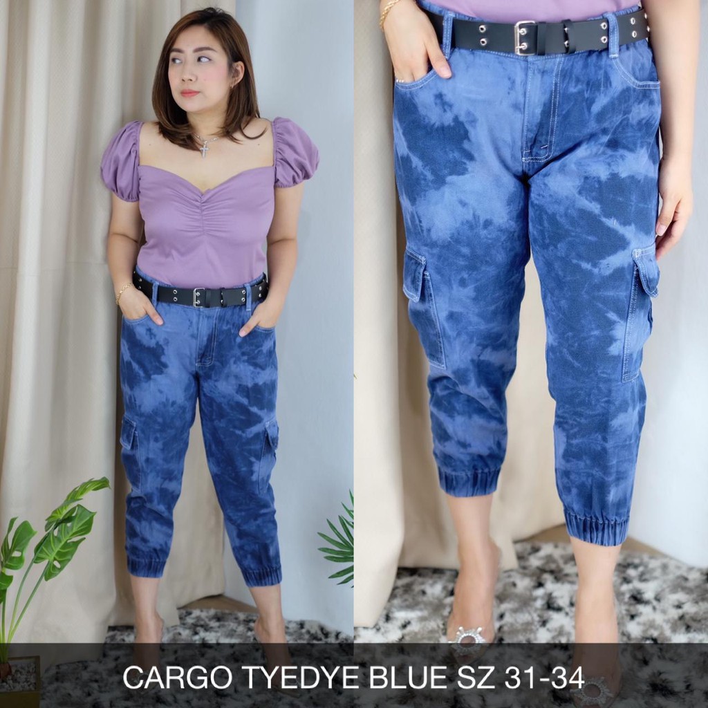 CELANA JEANS WANITA CARGO TYEDYE BLUE  (TANPA BELT)