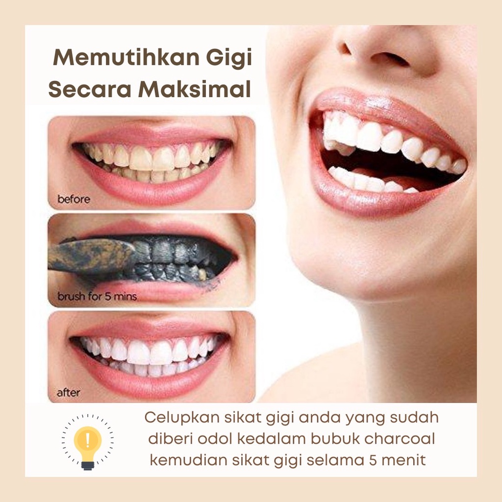 Pemutih Gigi Alami Charcoal Powder Activated Teeth Whitening 50gr (FREE SIKAT GIGI Bambu)