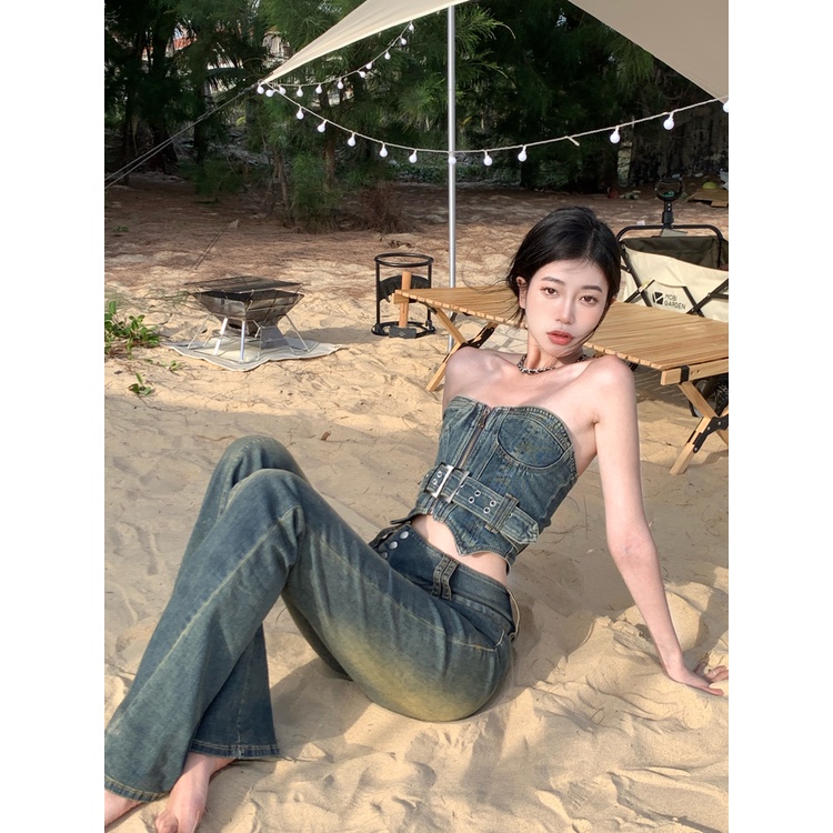 Suhao Tanktop retro denim hottie ritsleting tube top kamisol wanita musim panas chic pakaian luar seksi bagian dalam pendek top