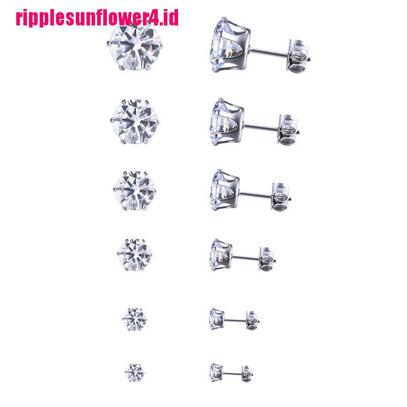 6 Pasang Anting Stud Cubic Zirconia Bulat Bahan Stainless Steel Ukuran 3mm - 8mm