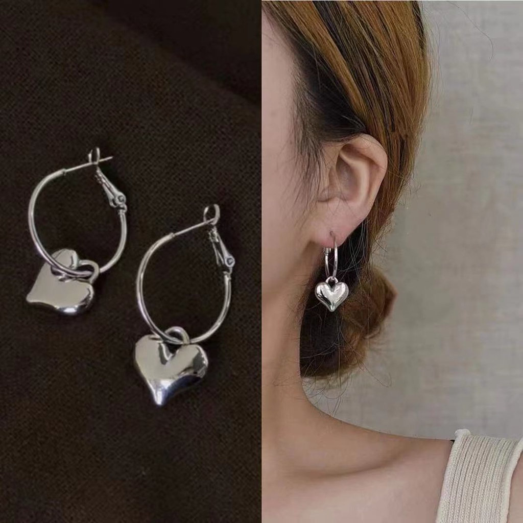 Anting Bentuk Hati Tiga Dimensi Bahan 925 Silver Needle