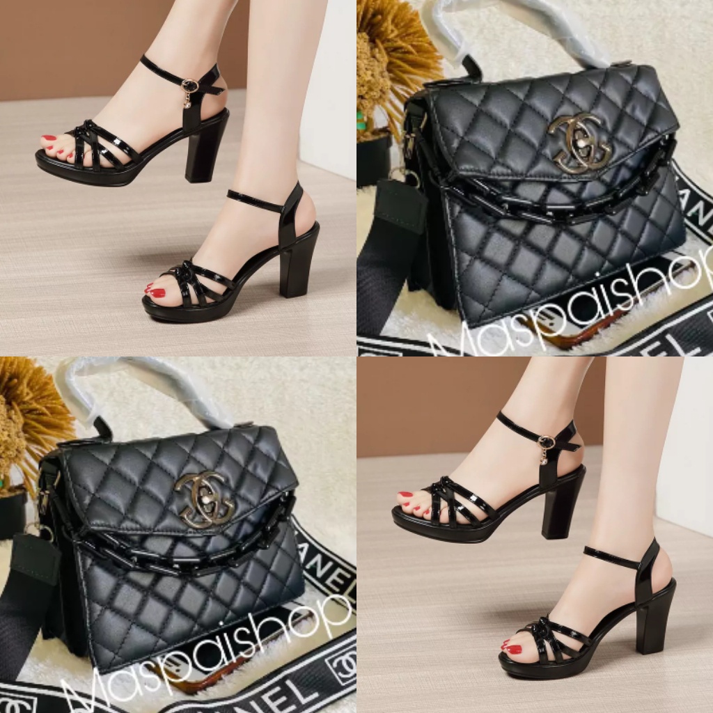 set tas dan sandal heels wanita gladiator