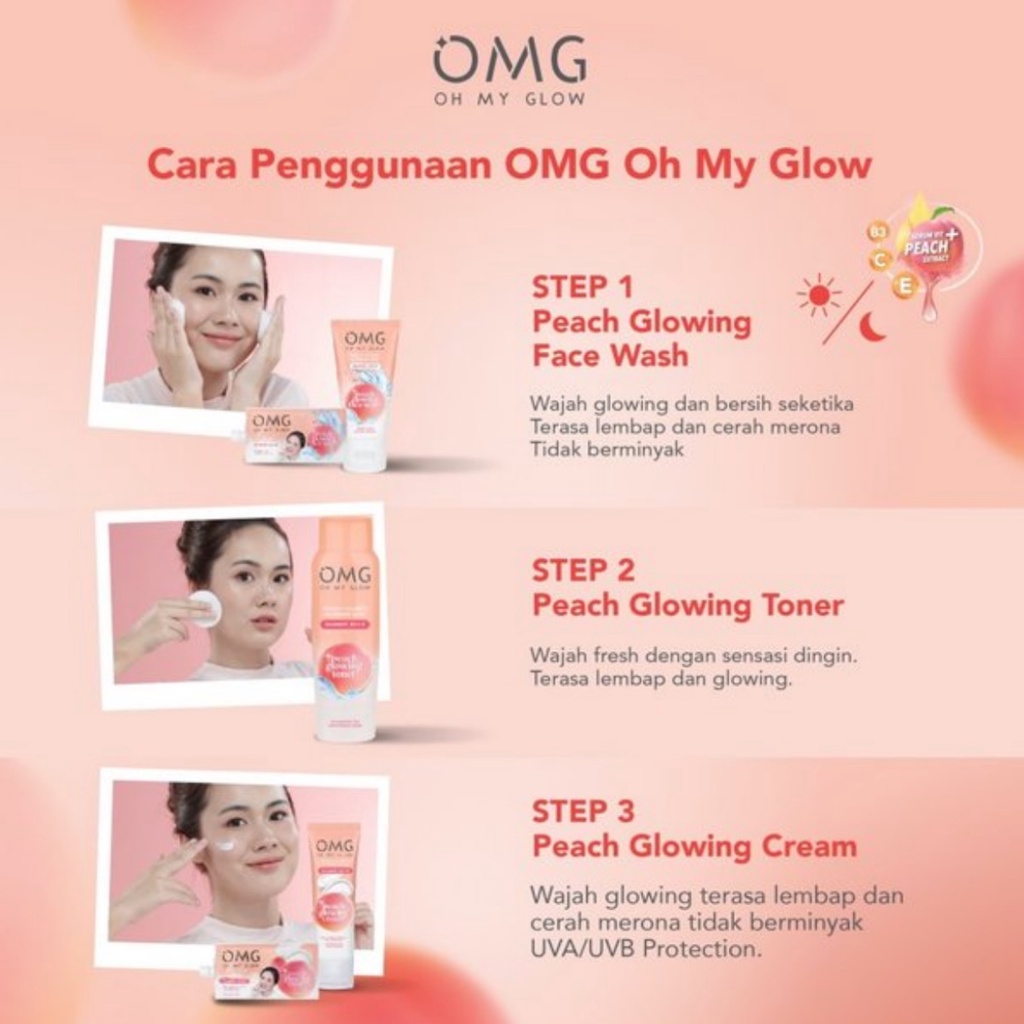 OMG OH MY GLOW Peach Glowing Face Wash 50ml | Toner 100ml | Cream 25gr