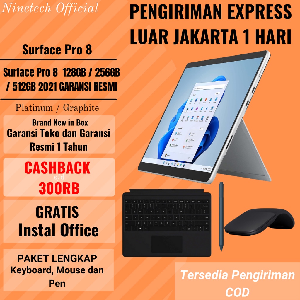 Microsoft Surface Pro 8 Intel i5 RAM 8 SSD 128GB BLACK / PLATINUM GARANSI RESMI bukan surface pro7 plus surface go