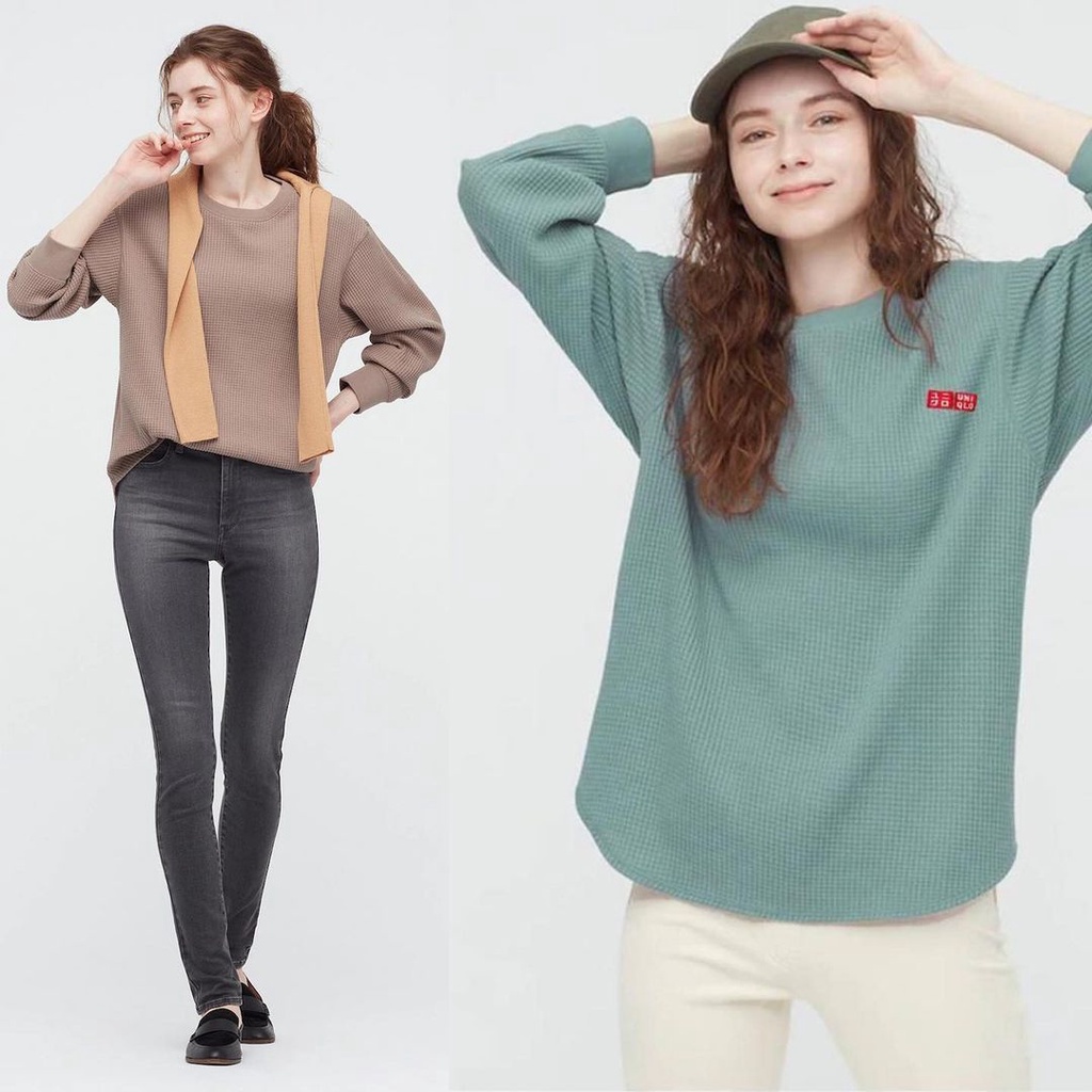 Pakaian Atasan Kaos Baju Uniqlo Tangan Panjang Long Sleeve Wanita Bahan Rajut Waffle By Mykochen.ina