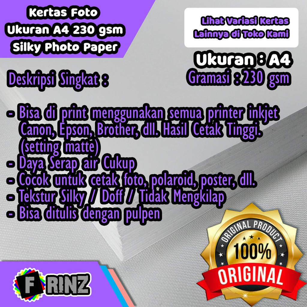 

Kertas Foto Inkjet Silki 230 Gram Ukuran A4 A5 A6 / Silky Doff Photo Paper Tebal 230 Gsm