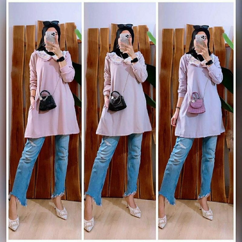 Kimora Tunik, TUNIK WANITA MUSLIM CANTIK FIT XXL LD 100-120 BAHAN KAOS LYCRA IMPORT MIX BORDIR TERMURAH OOTD