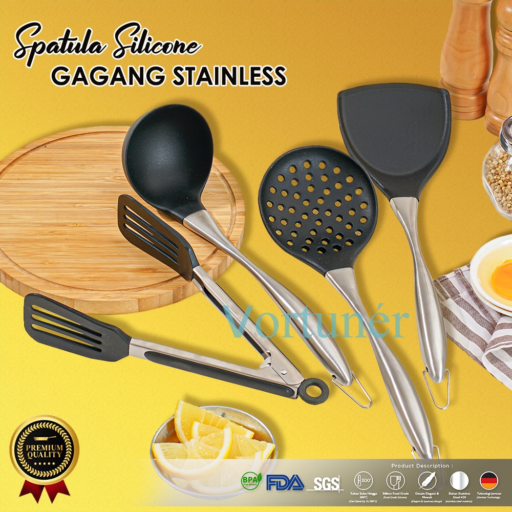 Vortuner Spatula Silikon hitam gagang stainless / Sendok Masak tahan panas bpa free