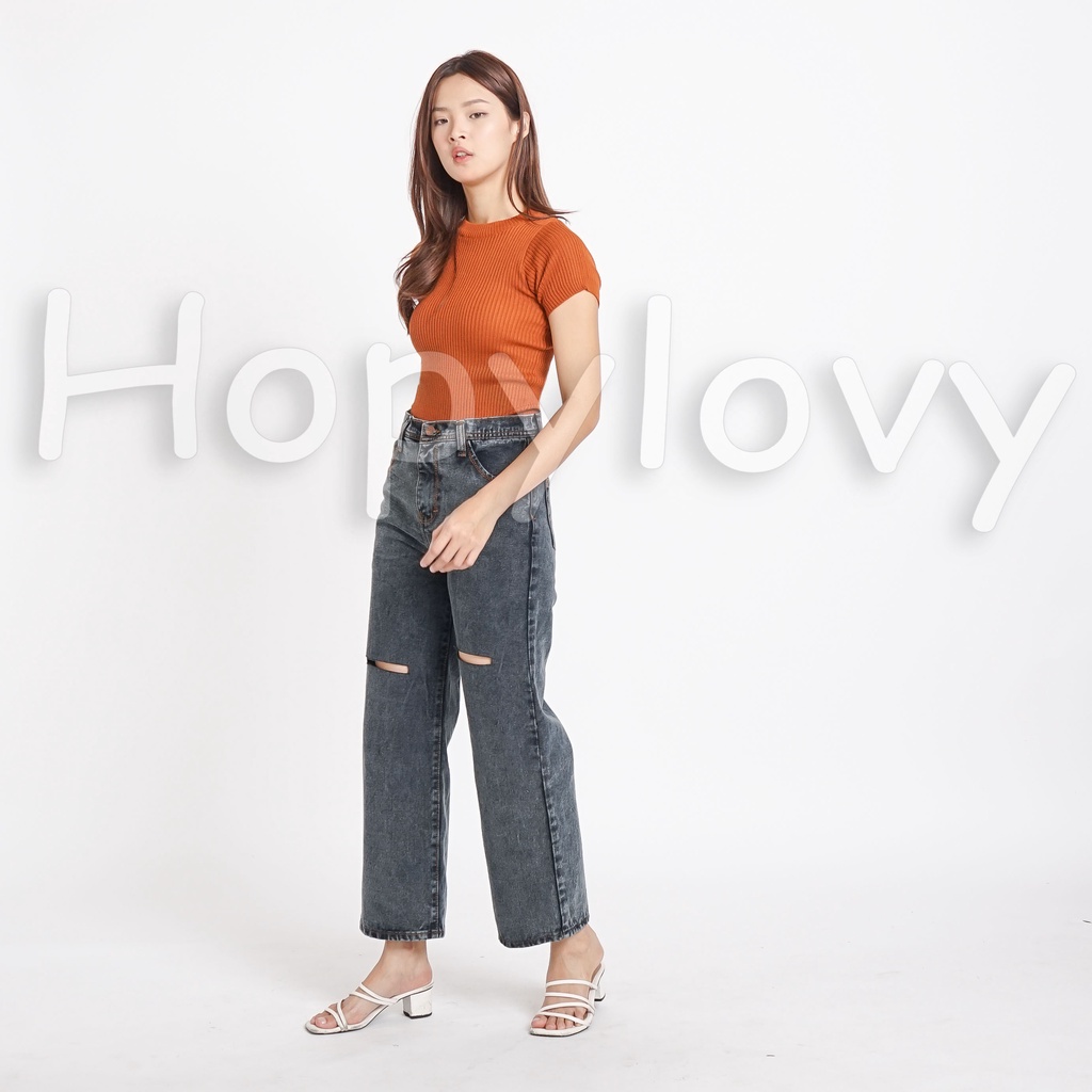 HOPYLOVY Celana Panjang Jeans Kulot Sobek Lutut Wanita Highwaist Jeans Ginela