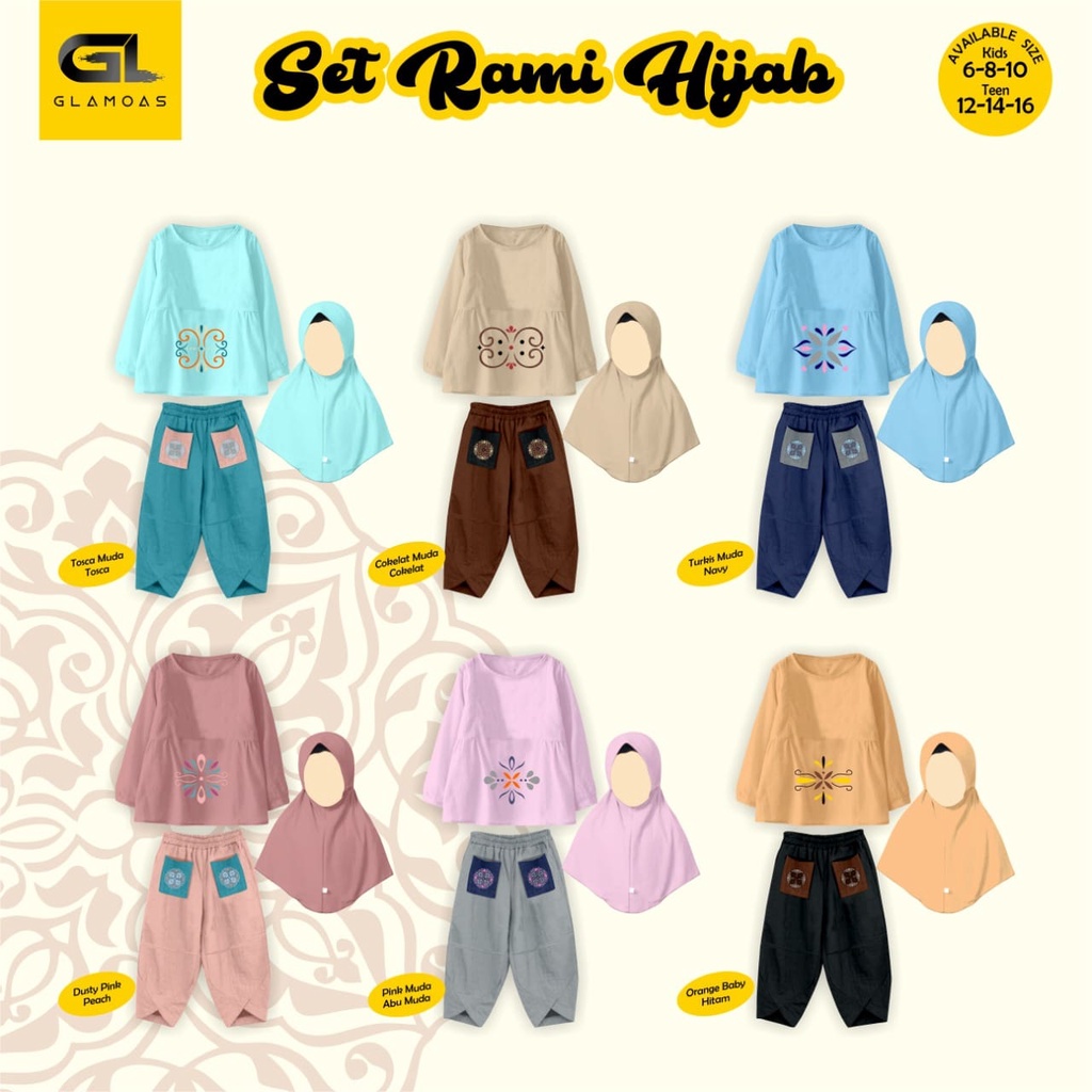 SETELAN ANAK PEREMPUAN MUSLIM GLAMOAS SET RAMI HIJAB JUNIOR SIZE 12-16